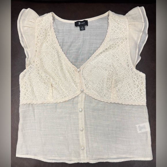 Bwear Tops - Bwear Cream Lace Flutter Sleeve Button-Front Blouse